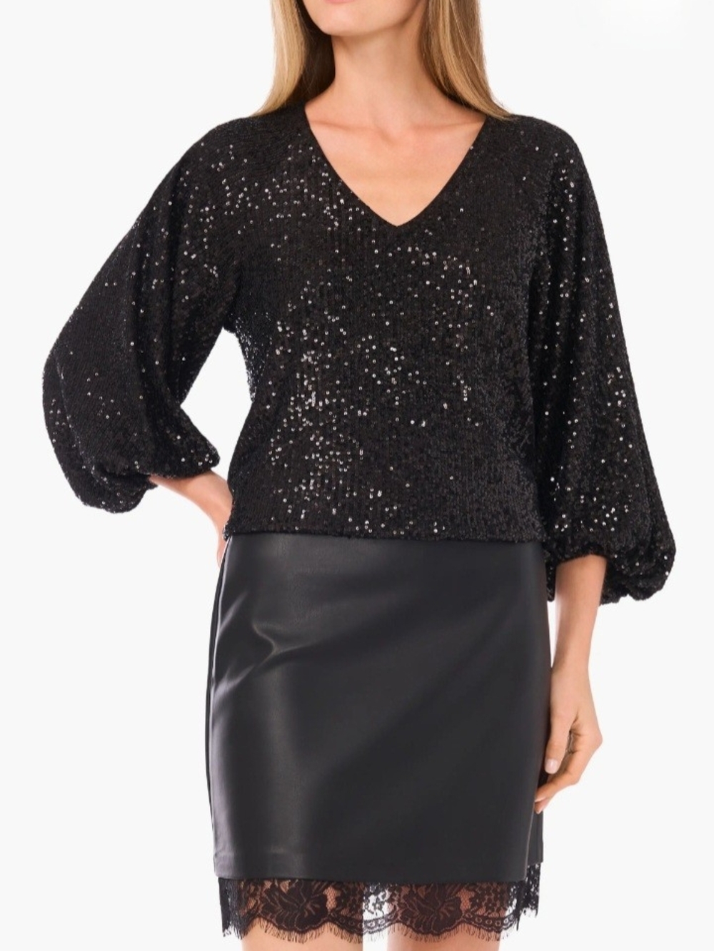 Vince Camuto Black Sequin V-Neck Balloon Sleeve Top